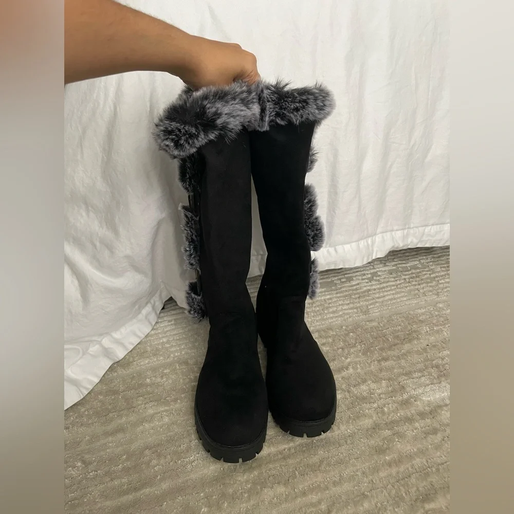 XIMIN Black Mid Calf Snow Boots